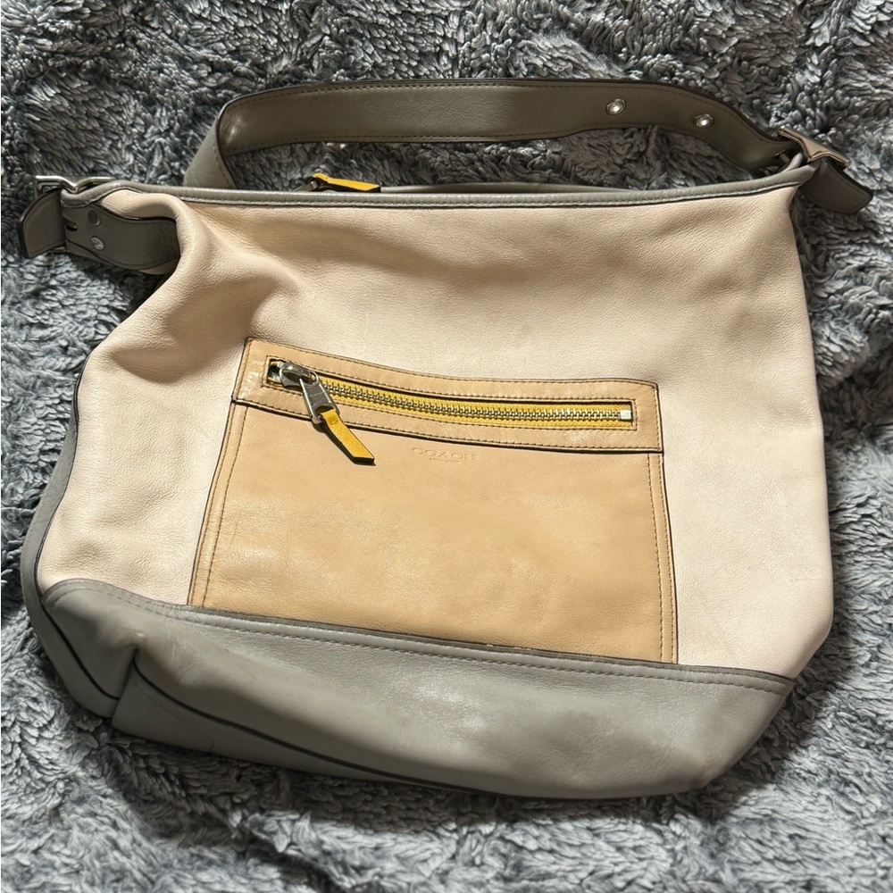Coach Cream, Tan, and Gray Leather Legacy Duffle Bag